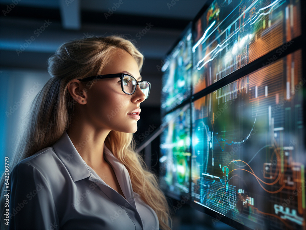 Business executive looking at charts and data on the big screen at the wall. Data analysis concept. Business executive looking at charts and data on the big screen at the wall. Data analysis concept.