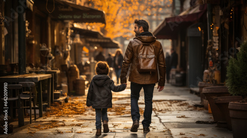 Father and son walking on a street in Paris at autumn time.