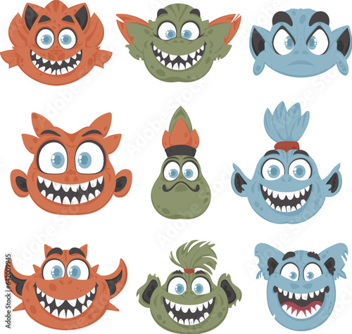 A bunch of silly and entertaining monster expressions. Cartoon style.