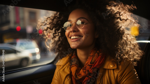 Leinwand Poster Beautiful african american woman with afro hairstyle and sunglasses in taxi car