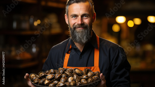 Handsome man wearing apron holding mussels in a bowl.