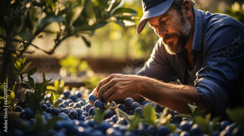 Fotografie, Obraz Farmer picking blueberries in the field, close-up.