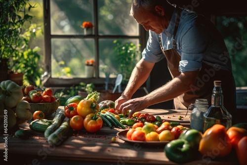 Mature man is cutting vegetables in the kitchen. He is standing at the table.