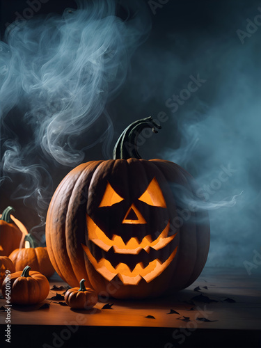 halloween pumpkin Jack O' lantern wallpaper surrounded by smoke in the dark background