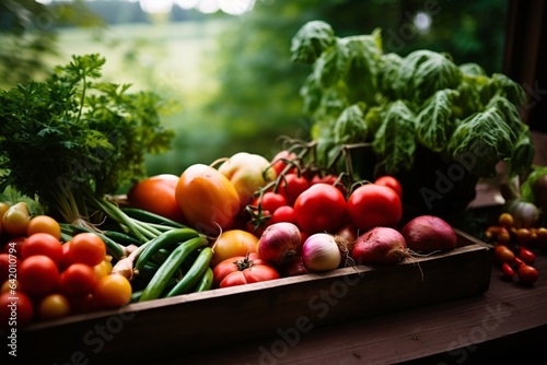 Fresh organic vegetables in a wooden box. Selective focus. nature.