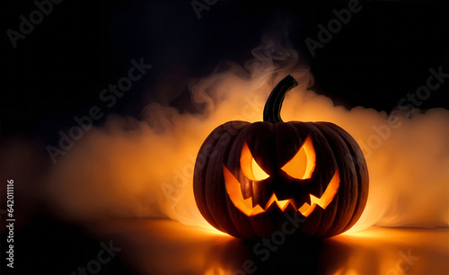 glowing halloween pumpkin Jack O' lantern wallpaper surrounded by smoke in black background