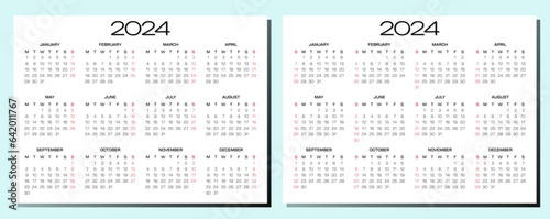 2024 calendar. Annual Horizontal. White,Minimal,Modern with Sunday and Monday start for digital,business,desk,office schedule plan.Beautiful organizer page background graphic design.Red note holidays.