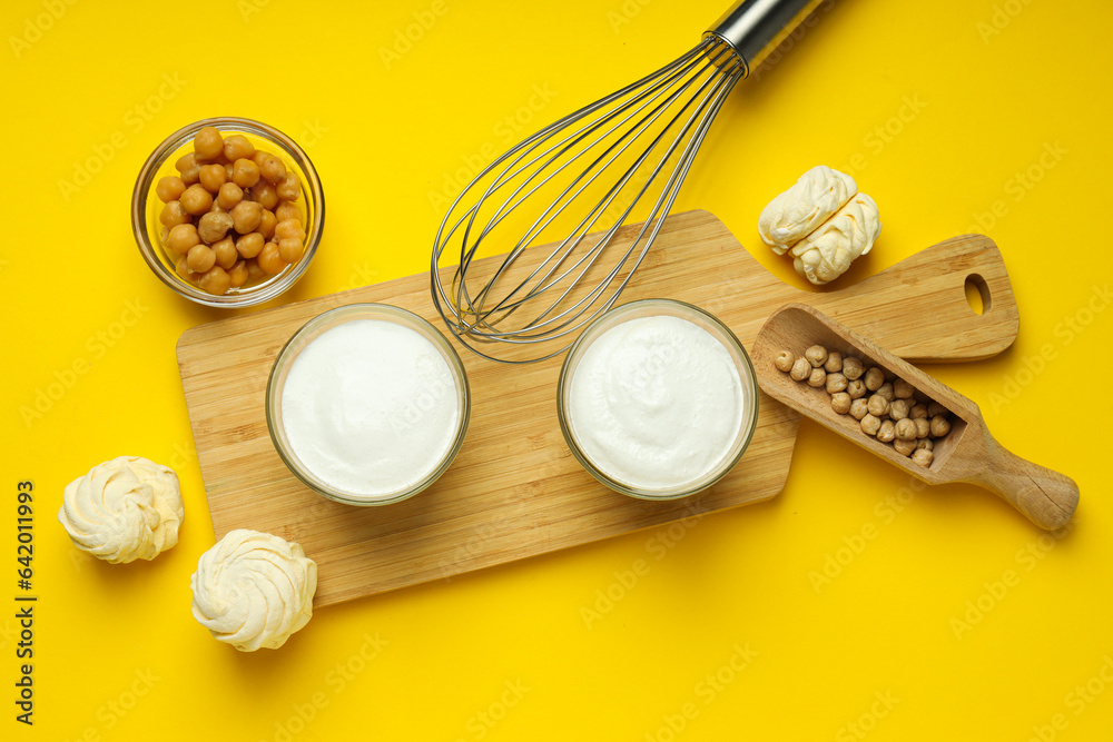 Aquafaba, concept of vegan food and cuisine Aquafaba, concept of vegan food and cuisine