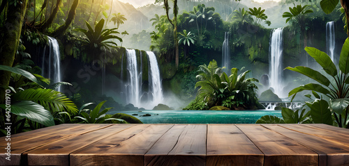 Fototapeta Naklejka Na Ścianę i Meble -  Empty wooden table top with jungle landscape with waterfall. Tropical rainforest valley landscape, for display or montage your products. AI generative.