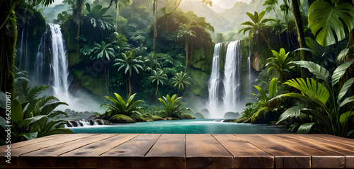 Empty wooden table top with jungle landscape with waterfall. Tropical rainforest valley landscape  for display or montage your products. AI generative.