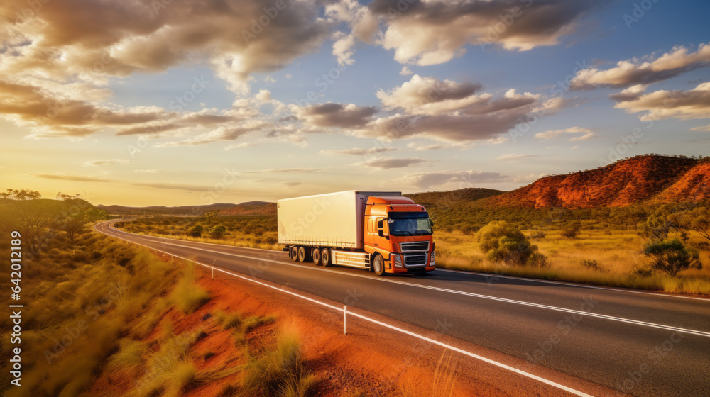 Huge semi-truck crossing the Australia northern territory bush landscape on an empty road