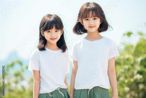 Two young asian schoolgirls in casual school uniform in a green park photo