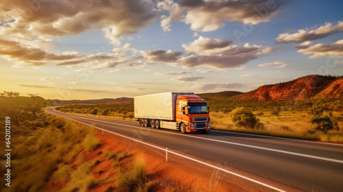Huge semi-truck crossing the Australia northern territory bush landscape on an empty road