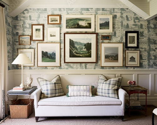 Living room gallery wall  home decor and wall art  framed art in the English country cottage interior  room for diy printable artwork mockup and print shop