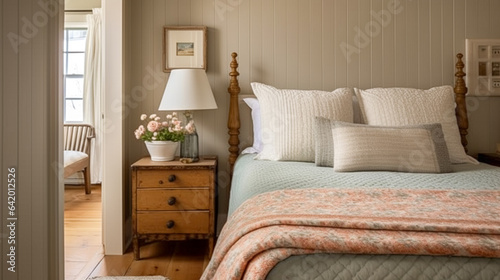 Farmhouse bedroom decor, interior design and home decor, bed with country bedding and furniture, English countryside house, holiday rental and cottage style photo