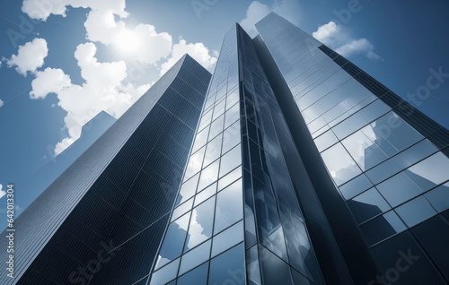 Reflective skyscrapers  business office buildings. Low angle photography of glass curtain wall details of high-rise buildings. Window glass reflects blue sky and white clouds. Generative AI
