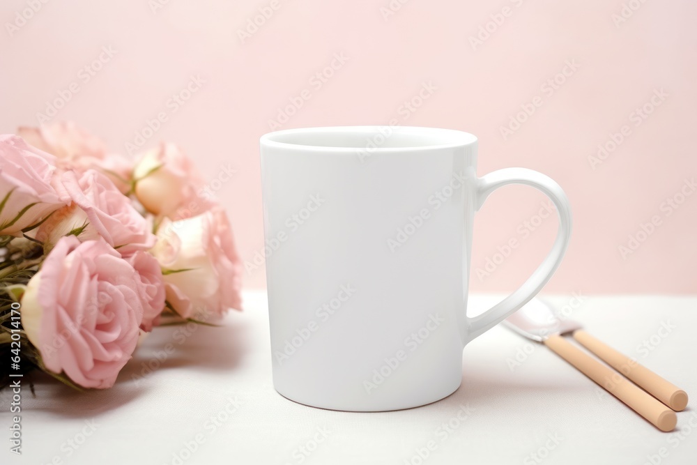 Blank white coffee mug mockup on work desk Generative AI. Blank white coffee mug mockup on work desk Generative AI.