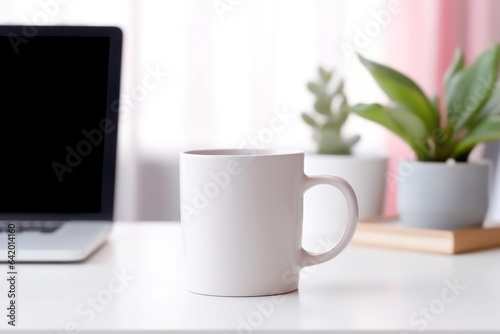Blank white coffee mug mockup on work desk Generative AI.