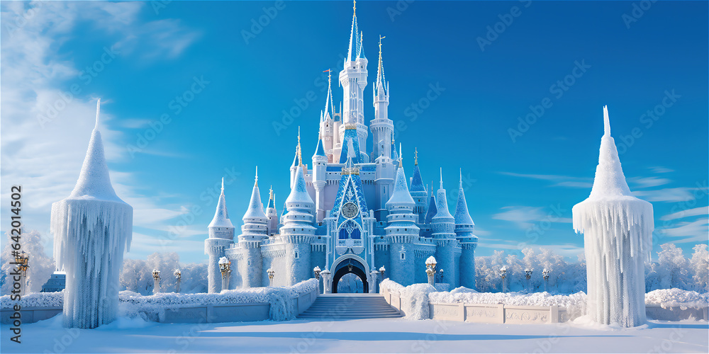 Magic Castle in a winter wonderland. Fantasy snowy landscape. Winter castle on the mountain, winter forest. - obrazy, fototapety, plakaty 