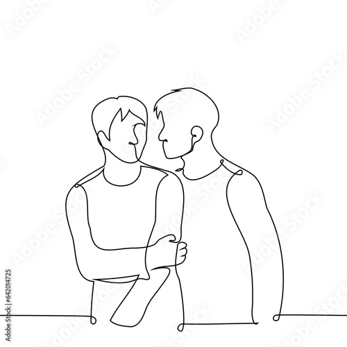 man stands close to another violating personal space and the second is uncomfortable - one line art vector. concept invade someone else's personal space, harassment, domination and suppression photo
