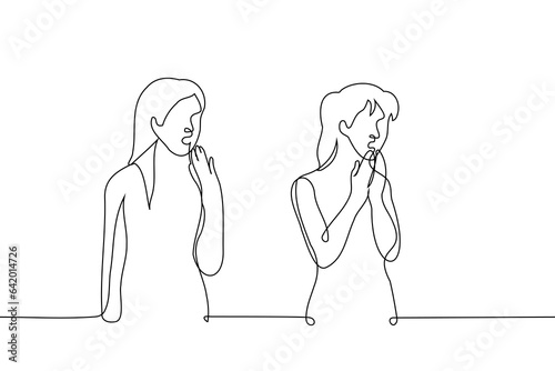 women stand in shock with open mouths - one line art vector. concept innocent, prude, listening to insults, seeing something outrageous