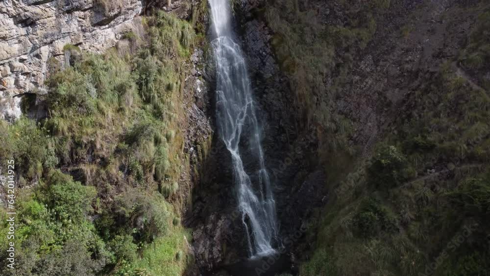 Capture the serenity with a static drone shot of Candela Fasso waterfall in Cotopaxi, Jatun Era Capture the serenity with a static drone shot of Candela Fasso waterfall in Cotopaxi, Jatun Era