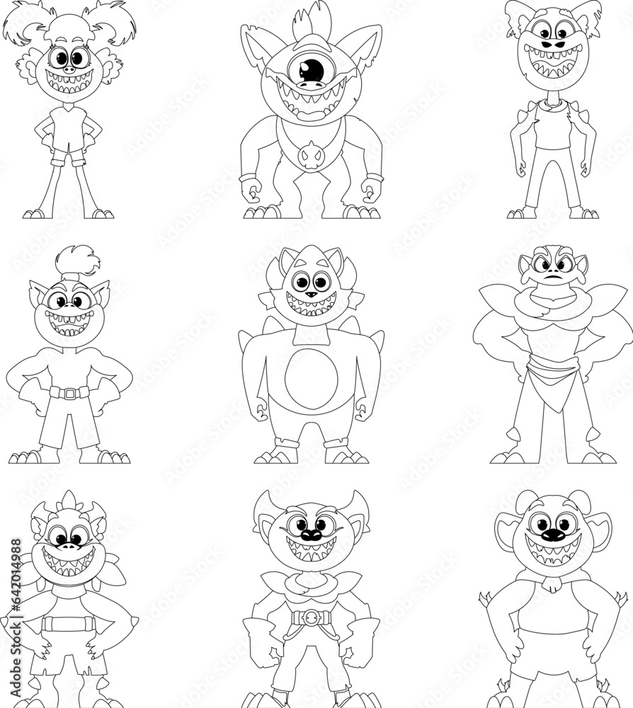 There are lots of funny and weird cartoon monsters all together in a large group. Childrens coloring page.