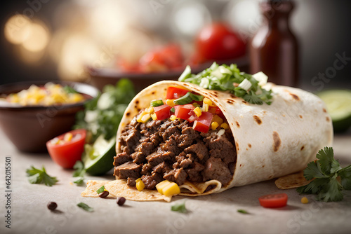 Beef burrito on dark background. Mexican food. Street fast food. Commercial promotional food photo 
