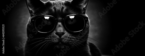 black cat in black glasses with empty space for text banner on the theme of halloween and black friday