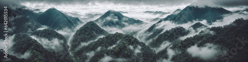 Panorama of coniferous forest in mist of tree tops. Foggy landscape in mountains. Fog and cloud mountain tropic valley landscape. aerial view, wide misty panorama. generative ai