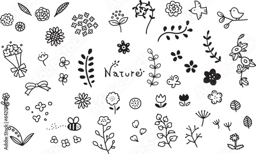 シンプルな花植物の手描き線画セット