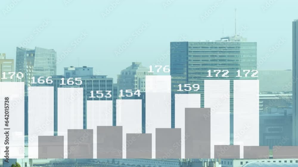 Animation of bar graphs and numbers over aerial view of silhouette skyscrapers Animation of bar graphs and numbers over aerial view of silhouette skyscrapers