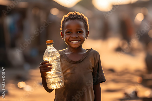 African boy with a bottle of clean water in his hand.
