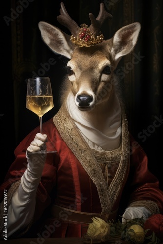 Holiday Christmas deer drinking glass of wine on a historic style portrait. Medieval pop art. 