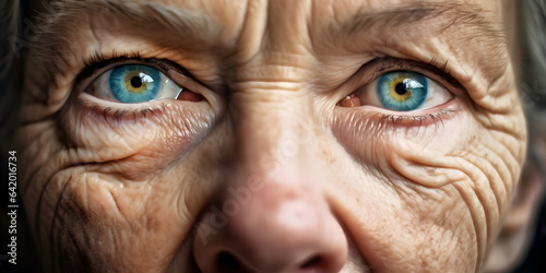 Close-up of the face of elderly woman with pain and fear in her eyes. Partial iris heterochromia. Eyes with spikes of different color radiating from the pupil.