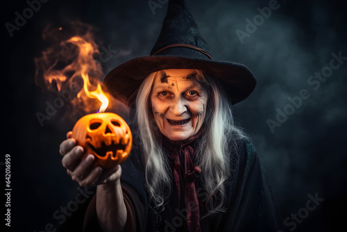 Elderly woman in a witch costume with Jack-o’-lantern candle in her hand. Halloween outfit with pointed hat on dark background.