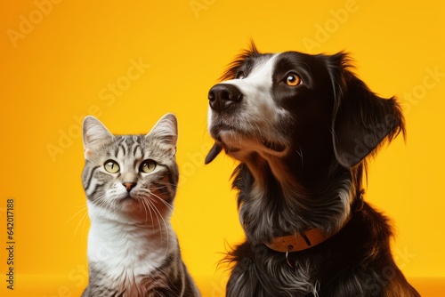 Dog and cat are friends on a yellow background. generative ai.