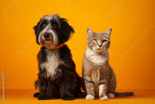 dog and cat with black fur on a yellow background. Pet concept. generative ai.