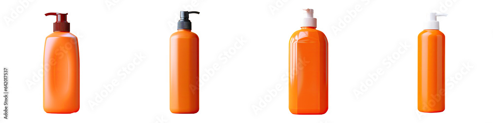transparent background isolates orange plastic shampoo bottle - obrazy, fototapety, plakaty 