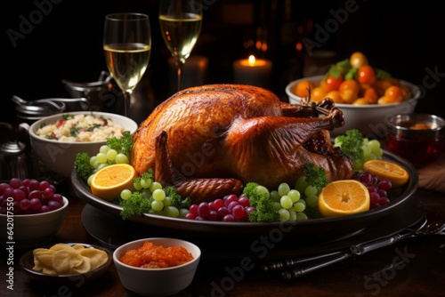 Homemade traditional roasted turkey served in a pan on kitchen table. Generative Ai.