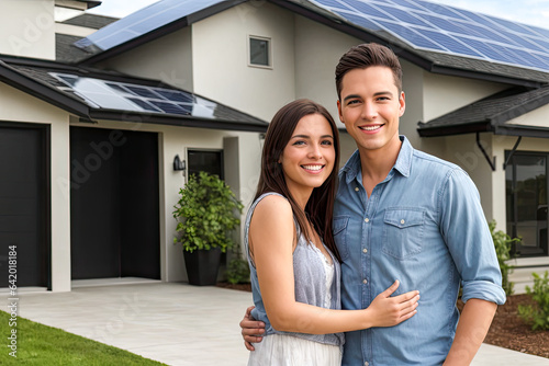 happy Young couple stands smiling in driveway of large house. Real estate new home concept. New real estate dwelling, loan and mortgage. Generative AI