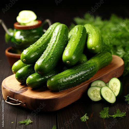 Tasty green cucumbers on wooden cutting board, isolated on white, ai technology