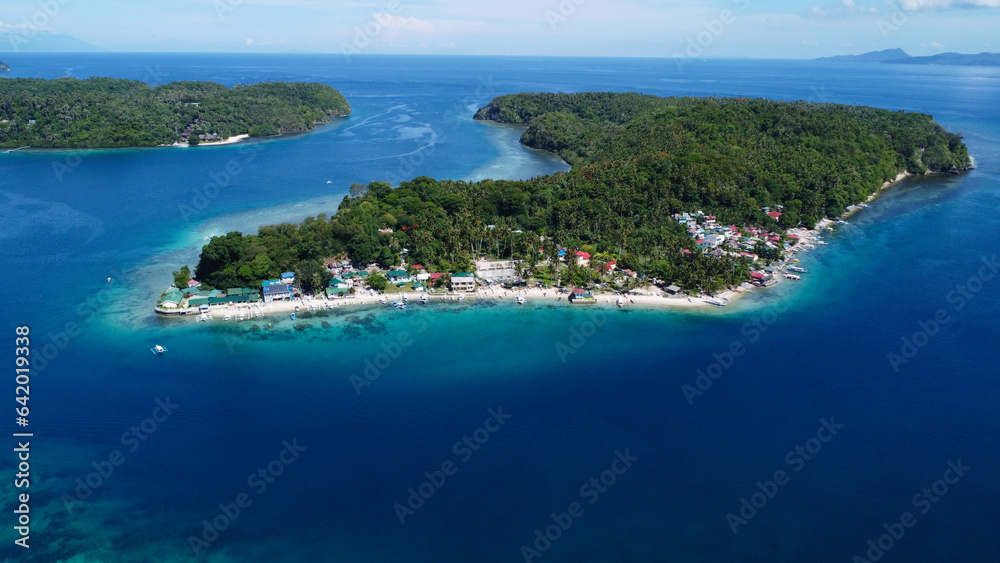 Aerial view of the blue sea, green island, sandy beach, strait, lagoon. A small settlement on the coast of a small tropical island.