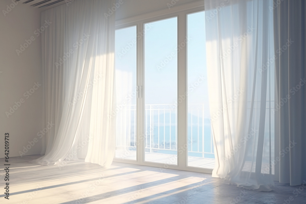 Empty House Interior with White Drapes and Sunlight Pouring Through Window. Empty House Interior with White Drapes and Sunlight Pouring Through Window.