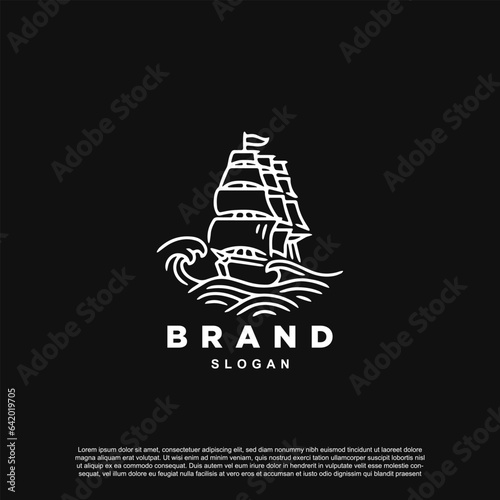 Valokuva Vintage retro linear sailing ship logo design badge isolated on black background
