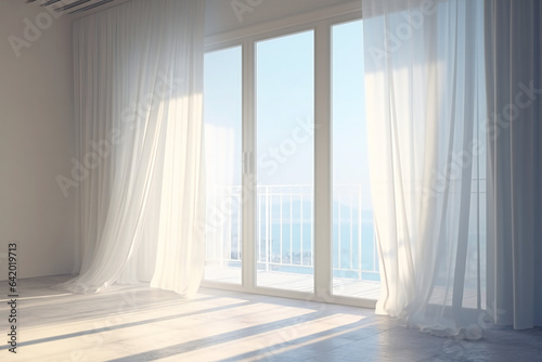 Empty House Interior with White Drapes and Sunlight Pouring Through Window.