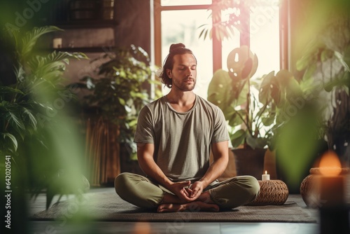 A young man in a training top t-shirt and joggers sitting in yoga asana lotus pose meditating in a sunlit room with green plants photo