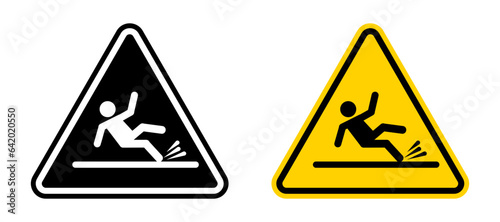 yellow caution wet floor vector sign set. fall or slippery hazard vector symbol. photo