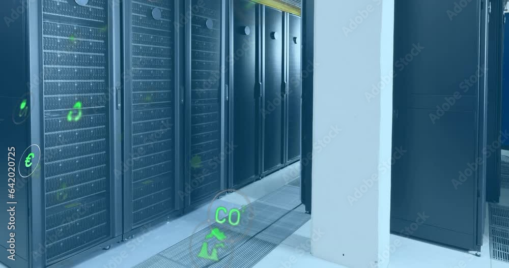 Animation of icon in circles over data server racks in server room Animation of icon in circles over data server racks in server room