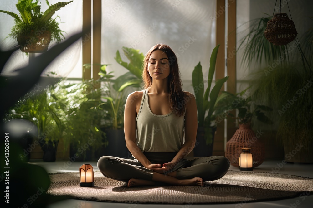 A young woman in a training top t-shirt and joggers sitting in yoga asana lotus pose meditating in a sunlit room with green plants